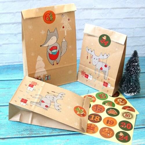 24pcs Kraft Paper Bags with Christmas Calendar Stickers Fox Moose Gift Paper Bag Xmas Candy Food Cookies Packing Paper Box Decor