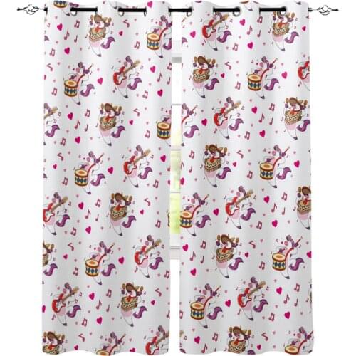 Music Note Unicorn Playing Guitar White Living Room Bathroom Kitchen Indoor Fabric Kids Window Treatment Curtain Panels