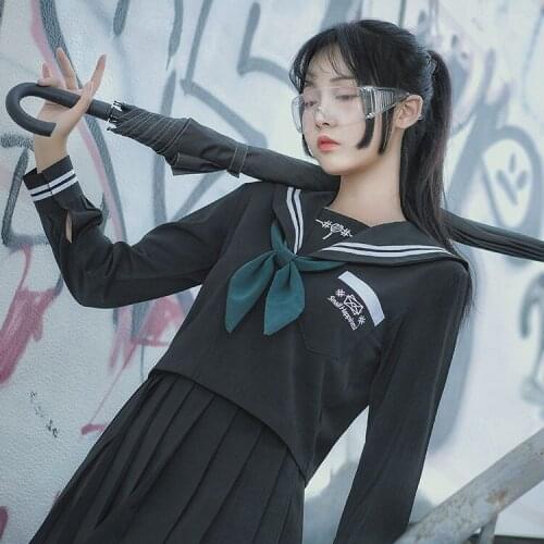 2019 new Japanese school uniforms sailor tops+tie+skirt Navy style Students clothes for Girl Plus size Lala Cheerleader clothing