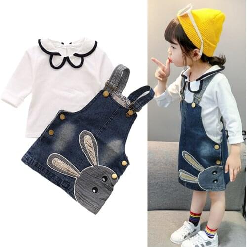 New Fashion Girls Denim Dress Suits Long Sleeve Shirt+Strap Dress 2Pcs Kids Outfit Cute Rabbit Embroidered Baby Girl Clothes Set