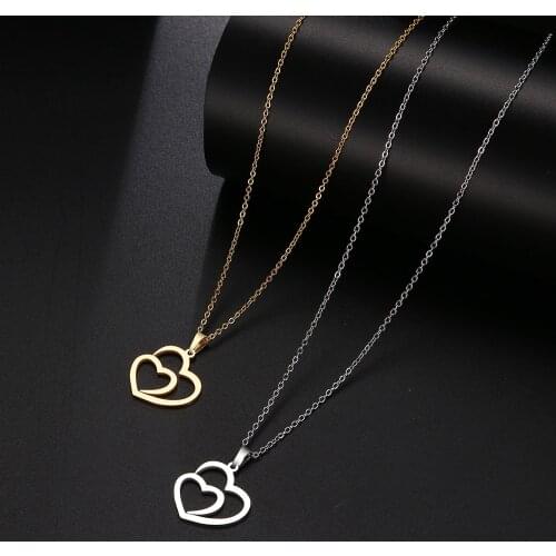 Stainless Steel Gold/ Silver Color Two Hearts Together Charm Pendant Necklace Family Women Mother Daughter Lovers Gifts Jewelry