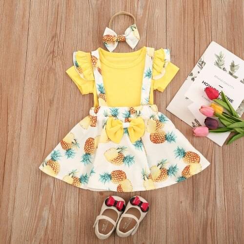 1-4Y Summer Lovely Baby Girls Clothes Sets Ruffles Short Sleeve T Shirts Tops Pineapple Print Strap Dress Headband
