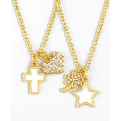 FLOLA CZ Cute Heart Cross Necklace For Women Small Enamel Star Pendant Necklace Cubic Zirconia Gold Chains Jewelry Gifts nker43