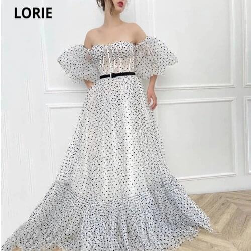 LORIE Polka Dots Tulle Prom Dresses Sweetheart Off the Shoulder Puff Sleeves Party Dresses Velvet Belt A-Line Long Formal Gowns