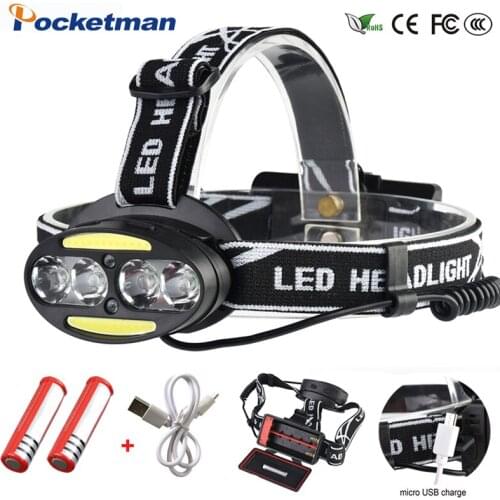 Pocketman Best Headlamps Powerful USB Headlamp 4* T6 +2*COB+2*Red LED Head Lamp Head Flashlight Torch Lanterna With Charger