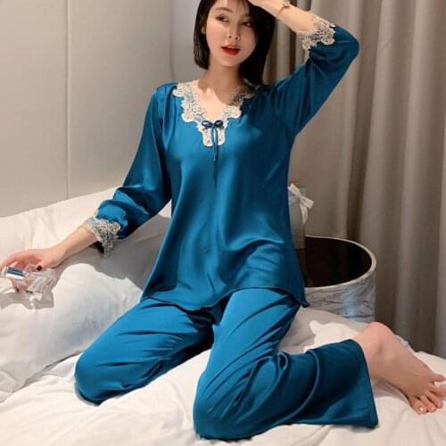 Casual 2PCS Sleepwear Women Satin Pajamas Suit Spring Summer Sexy Pyjamas Intimate Lingerie Silky Bathrobe Lace Shirt&Pants Sets