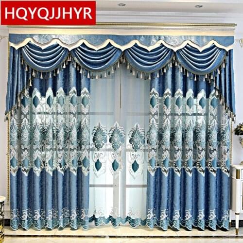 Luxury blue embroidered living room curtains for villa apartment hotel windows high quality custom curtains for bedroom