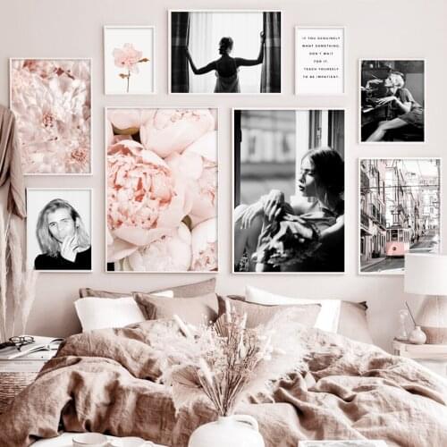 Pink Peony Flower Fashion Girl Window Bus Wall Art Canvas Painting Nordic Posters And Prints Wall Pictures For Living Room Decor