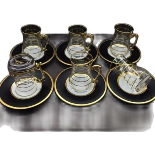 Turkish Tea Cup Deep Black Yellow Gold 12 Piece Tea Cup Tea Saucer Tea Set Tea Team Turkish Arab British russian Moroccan Tea
