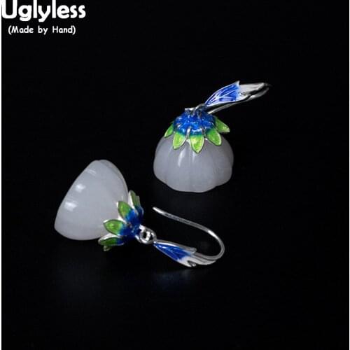 Uglyless Real 925 Sterling Silver Ethnic Enamel Blue Lotus Earrings for Women Natural Jade Lotus Flower Earrings Vintage Brincos