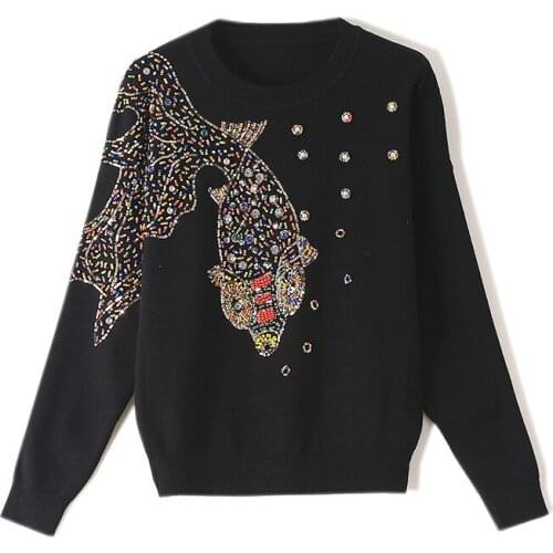 Women Oversized Sweater Designer Runway Luxury Diamonds Goldfish Beading Knitted Pullover Winter Clothing Long Sleeve Knitwear