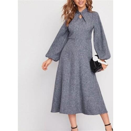 Special Stand Collar Womens Dress Full Sleeve New Arrival Autumn Long Big Swing A-line Dresses for Elegant Lady Lantern Sleeve
