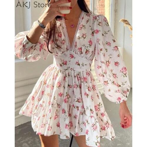 Women Floral Print Lantern Sleeve V Neck Lace Hem Ruched A-Line Dress