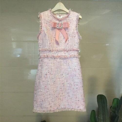 Runway Designer Women Tweed Party Vest Dress Womens 2019 Autumn Winter Pink Diamonds Bow Tassel Luxury Sleeveless Slim Dress