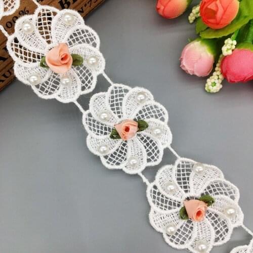 1 yard Rose Windmill Flower Pearl Beaded Lace s Trim Wedding Dress Fabric Ribbon Trimmings DIY Embroidered Applique Sewing