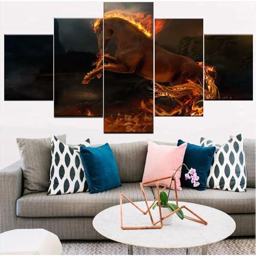 5 Pieces Wall Art Canvas Painting Animal Poster Flame Horse Modern Home Decoration Framework Pictures Living Room Modular
