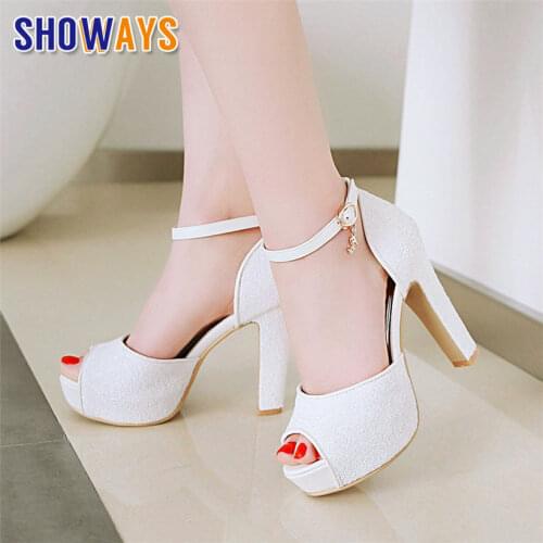 White Wedding Party Women Platform Sandals High Chunky Heels Red Gold Sequined Cloth Party Office Lady Ankle Strap Summer Shoes