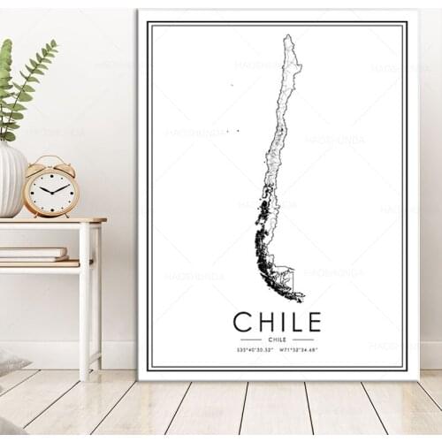 Black and white Posters CHILE map wall art canvas painting hd print for Living room Bedroom Bar Cafe Home Decoration framed