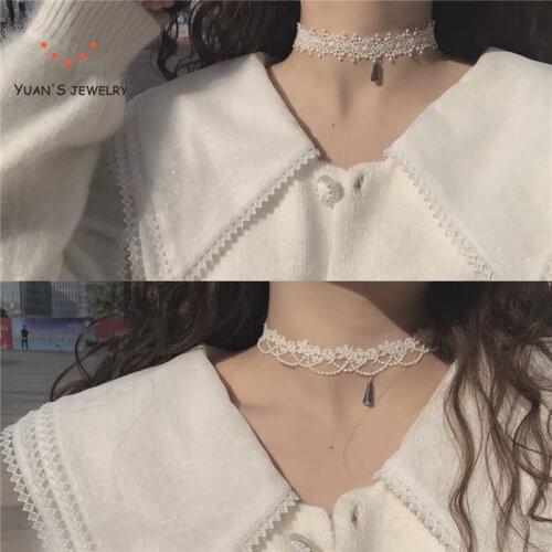 Korean fairy White Lace Choker soft girl collar sweet Necklace collarbone chain neck chain jewelry pendant angel popsocket Sale