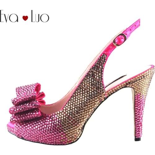 CHS1075 DHL Custom Made Gold Fuchsia Crystal Bow Slingbacks Block Heel Women Shoes High Heels Dress Pumps Bridal Wedding Shoes