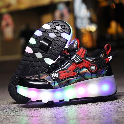 Children LED USB Charging Wheel Sneaker Kids Boy Girl Light Up Tennis Roller Skate Sneakers Shoes with 2 Wheels for Boys Girls
