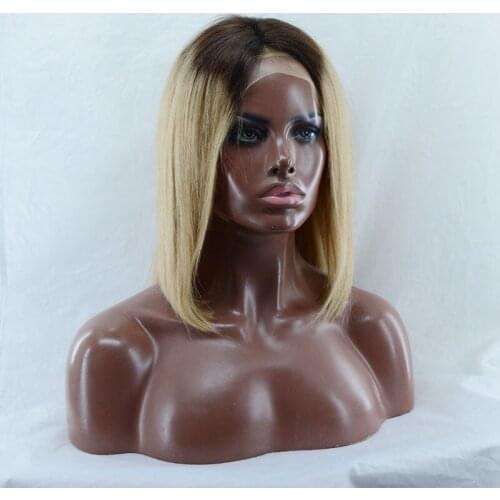 Shoulder Length 100% Hand-tied Real Human hair Sandy Blonde Dark Hair root Wig with Bangs Full lace Wigs Density120