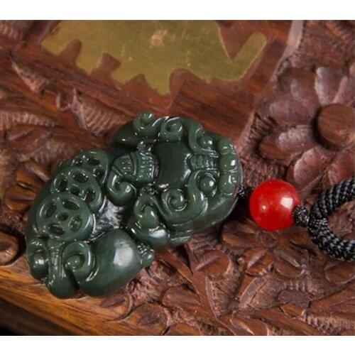 Shipping Natural Dark Green HETIAN Nephrite Pendant Hand-Carved PIXIU Round Necklace Fashion Mens Fashion Jades Jewelry