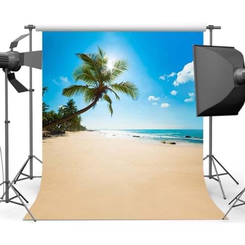 Mocsicka Summer Sandy Beach Photography Background Cocount Tree Blue Sky Sea Backdrops Photo cocount tree photographic video