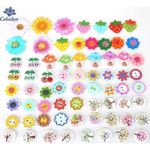 Hot Selling 60PCS Plant Pattern Wood Sewing Buttons Two Holes Assorted Random Mix Buttons for DIY Craft Scrapbooking Making