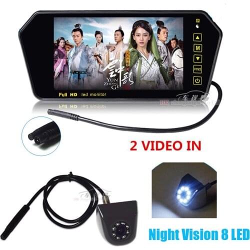 HD 1024x600 7" TFT LCD Color screen DC 12V Parking Reverse Car Monitor Mirror Digital 2 Video For Rear View camera parking 8 LED