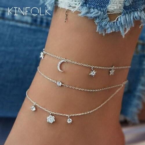 KINFOLK Fashion Boho Gold Moon Anklets For Women Bohemian Crystal Anklet Charm Star Ankle Chain Set Womens Jewelry 2020
