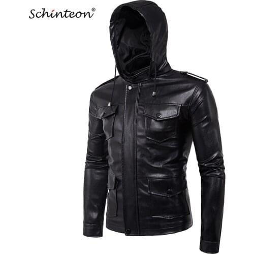Men Soft PU Leather Jacket with Leather Hood Black Mutil Pockets Plus Size Motorcycle Jacket Male Brand Clothing