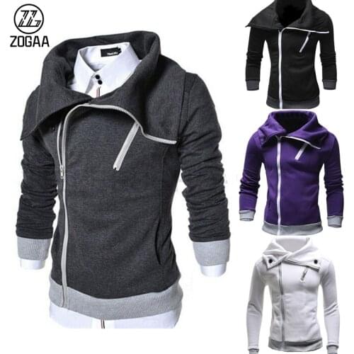 ZOGAA Mens Fashion Diagonal Zipper Pullover Hooded Color Matching Sweater Casual Jacket