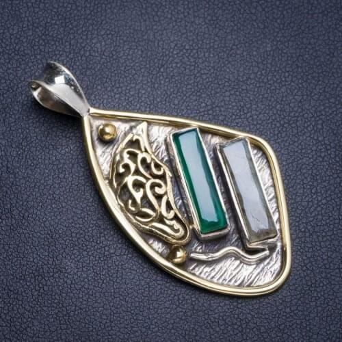 Natural Two Tones Blue Fire Labradorite and Chrysoprase 925 Sterling Silver Pendant 2" Y5074