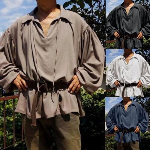 2021 New Medieval Style Shirt for Men Simple Fashion Solid Color V-Neck Top Mens Loose Collar Long Sleeve Shirt Summer Tops