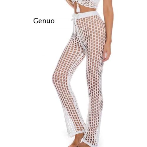 New Sexy Tunic Crochet See Through Beach Lounge Pants White Black Fashion Fishnet Sheer Long Wide Leg Bottoms Beachwear Trousers