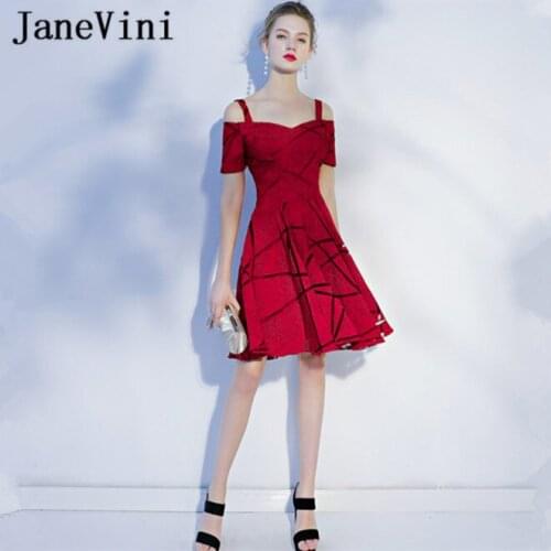 JaneVini Simple Short Bridesmaid Dresses A Line Spaghetti Straps Zipper Back Burgundy Satin Knee Length Wedding Guest Prom Gowns