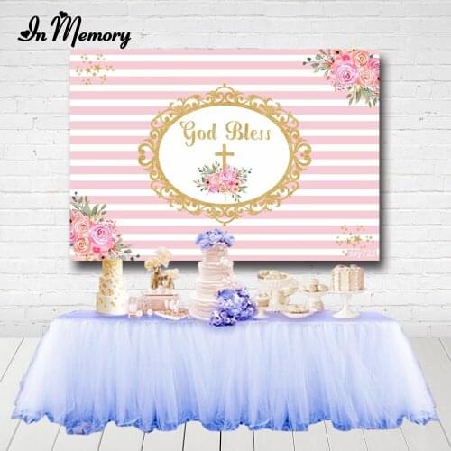 InMemory Pink Girls baptism Backdrops Photocall God Bless Cross Gold Frame Flowers Baby Shower Birthday Photography Background
