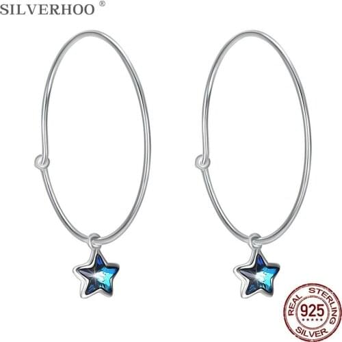 SILVERHOO 925 Sterling Silver Earrings For Women Hanging Stars Austria Crystal Oval Shape Female Hoop Earring Fine Jewelry Gift