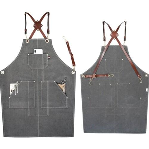 Gray Canvas Apron Leather Strap Barista Bartender Baker Chef Uniform Barber Hairdresser Florist Artist Gardener Work Wear D57