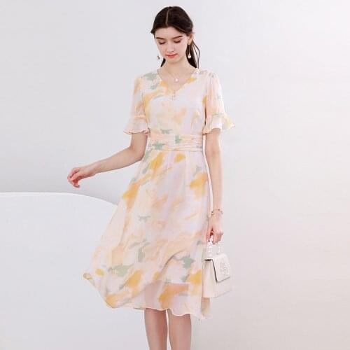 2021 Summer Chiffon Knee A-Line Dress Elegant Ruffle Short Sleeve Slim V-Neck Dresses Floral Casual High Waist Women Vestidos