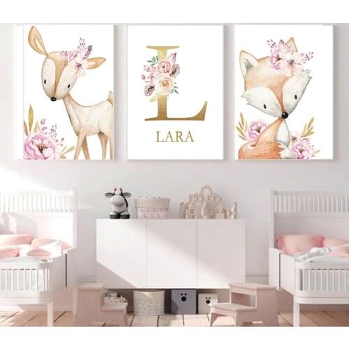 Nordic woodland animal poster Nursery Baby painting custom name canvas wall painting printing Flower Baby Girl bedroom decoratio