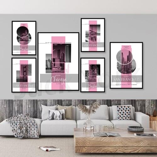Modern Home Decoration American City Landmark Building Poster Pink Art Print Canvas Painting Picture Living Room Decor