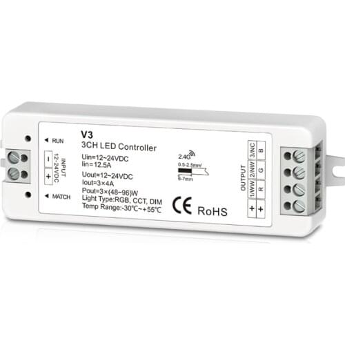 Led 2.4GHz RF Wireless Receiver 3 Channel RGB Controller Constant Voltage DC 12V-24V Input;4A*3CH Output LED Dimmer CCT RGB