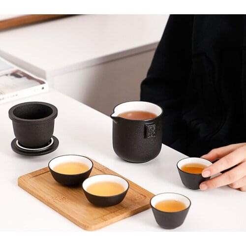 Heat Insulation Coffee Container Black Pottery One Pot Four Cups Portable Travel Anti Slip Outdoors Tea Set Ceramic Home Office