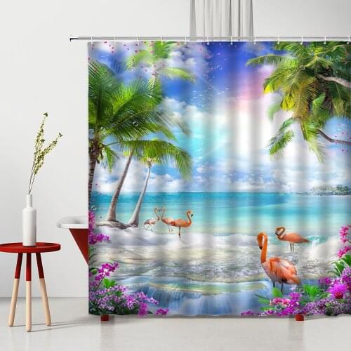 Tropical Beach Landscape Shower Curtain Dream Ocean Flower Coconut Tree Flamingo Hawaii Scenery Bathroom Bath Hanging Curtains