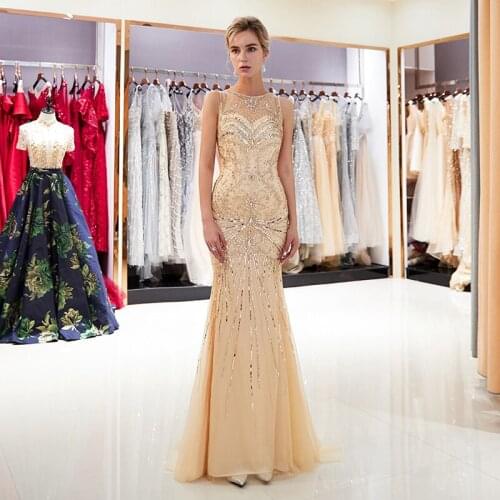 2020 Evening Gowns With Crystal Beading Gold Tulle Fishtail Sheer Neck Prom Formal Party Gown