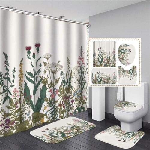 3D Printed Shower Curtains With Hooks WC 4PCS Non-slip Soft Bathroom Mat Creative Home Decor Waterproof Polyester Bath Curtain