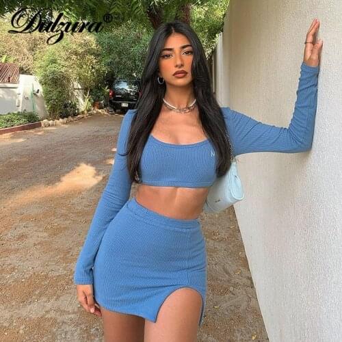 Dulzura Ribbed Letter Embroidery 2021 Summer Women 2 Pieces Long Sleeve Crop Top Cut Up Mini Skirt Bodycon Sexy Streetwear Party