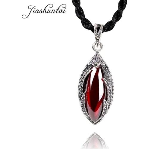 JIASHUNTAI Retro 100% 925 Sterling Silver Red Stone Pendant Necklaces For Women Jewelry